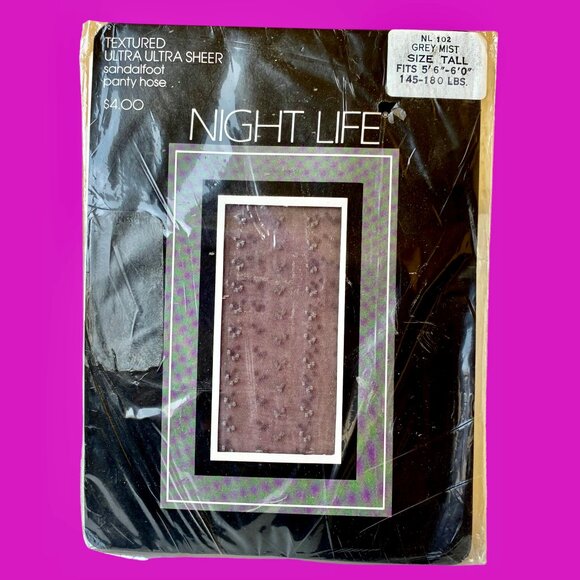 NIGHT LIFE Vintagd Gray Mist Ultra Ultra Sheer Pantyhose TEXTURED size Tall New - Picture 2 of 10
